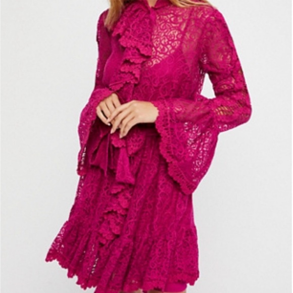 Free People Dresses & Skirts - Free People Chic Magenta Lace Dress with Ruffles